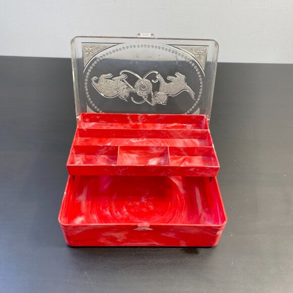 Hommer Mfg Co Hard Plastic Red Kitten Sewing Jewelry Box, Two Kittens on Lid, Co - Picture 2 of 10
